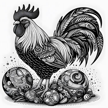 black and white drawing rooster