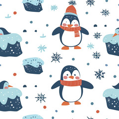 Cute Seamless Pattern with Penguin and Icebergs