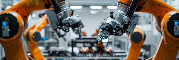 Two industrial robotic arms working in a factory setting.