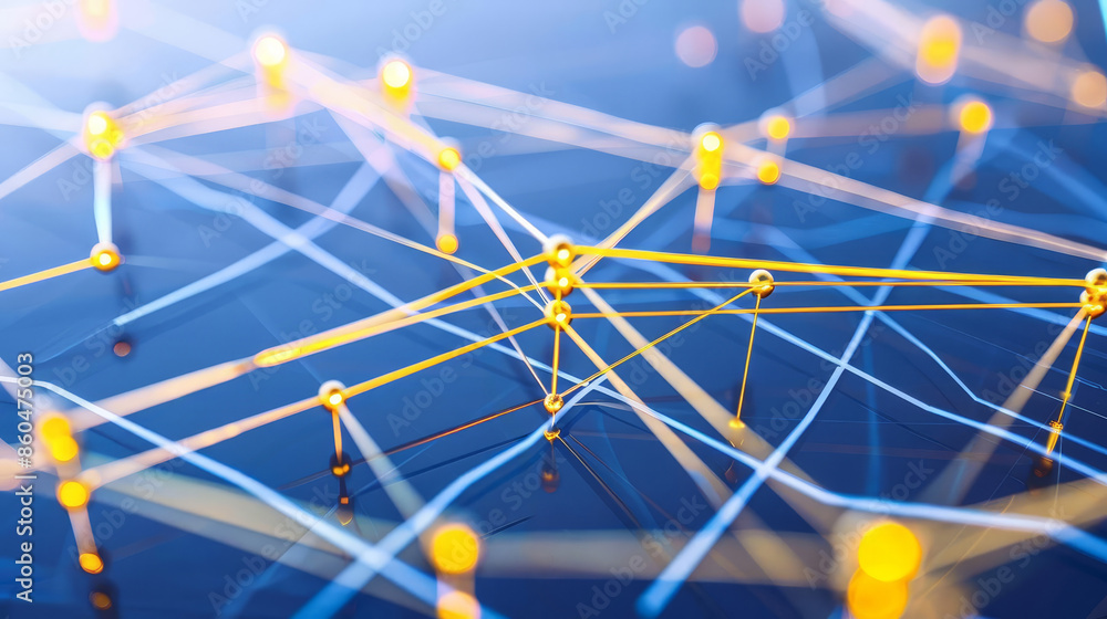 Poster abstract network connection concept with golden lines and dots on blue background.