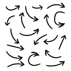 grunge arrow. Set of black hand drawn grunge doodle spiral and curved charcoal, chalk arrows on white background. Scribble symbols of direction pointers elements for infographic design in eps 10.