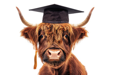 A Highland cow in a graduation cap symbolizes education, knowledge, and achievement in a whimsical and humorous fashion.