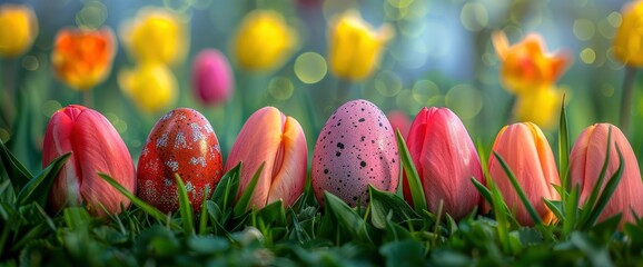 Spring Tulips And Easter Eggs, Creating A Joyful And Colorful Scene