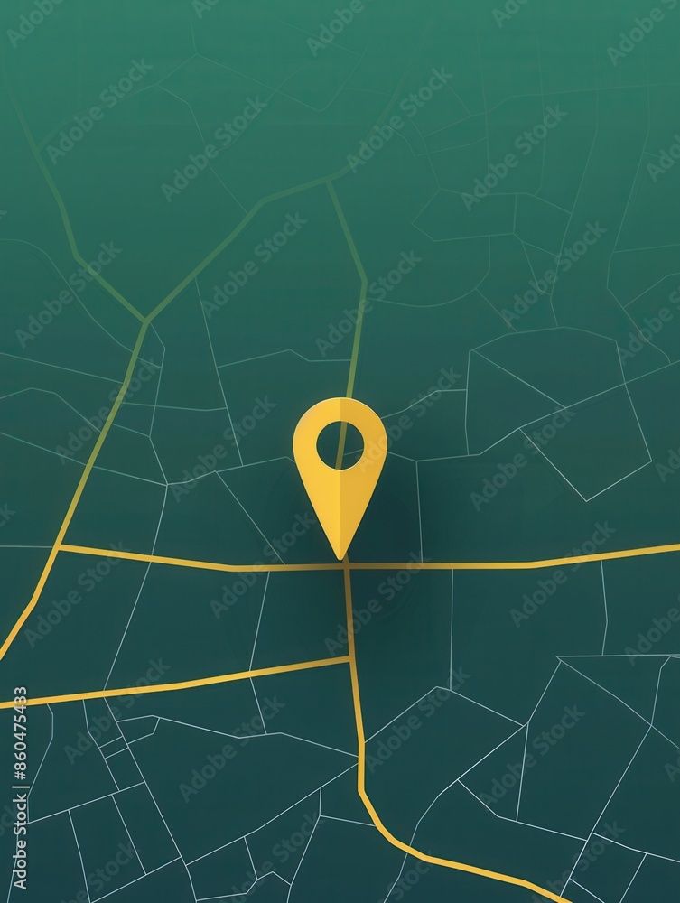 Poster A minimalistic and sleek image featuring a yellow location pin on a green map background, perfect for navigation apps and travel services. Generative AI
