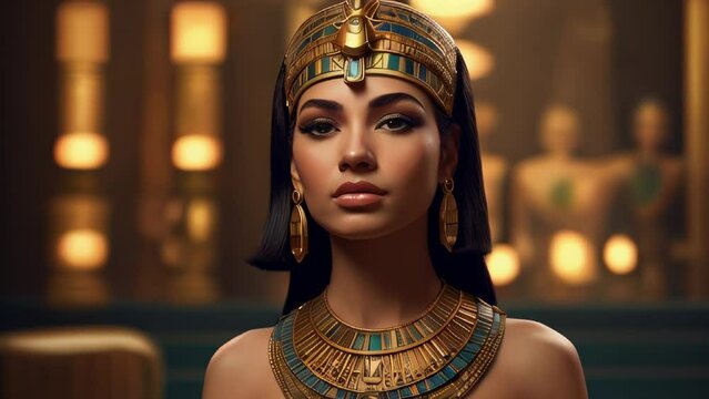 Close-up portrait of Cleopatra, Queen of Egypt. Cleopatra has dark hair and elaborate makeup, wearing a gold and blue headdress and necklace reminiscent of ancient Egyptian royalty