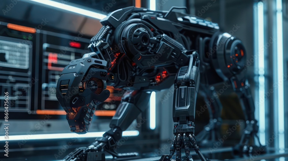 Aufkleber closeup of advanced digital tools programming an animal robot in a sleek, futuristic setting with ro