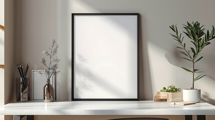 Modern Table Decor With Plant and Poster Mock Up. Generative-AI