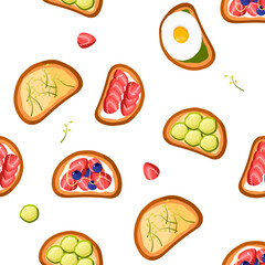 seamless pattern toast. Spinach, strawberry, blueberry, egg, cucumber toast with white background