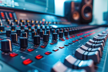Fototapeta premium Conceptual image of a digital recording interface in a sleek studio with plenty of space for text