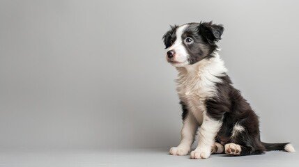 A playful border collie puppy sitting on a solid light gray background with copy space