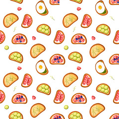 Seamless pattern toast. Strawberry, blueberry, egg, spinach, and cucumber toast with white background