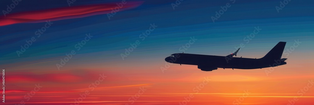 Poster a minimalistic image of a sleek airplane silhouette flying in a vibrant sunset sky. generative ai