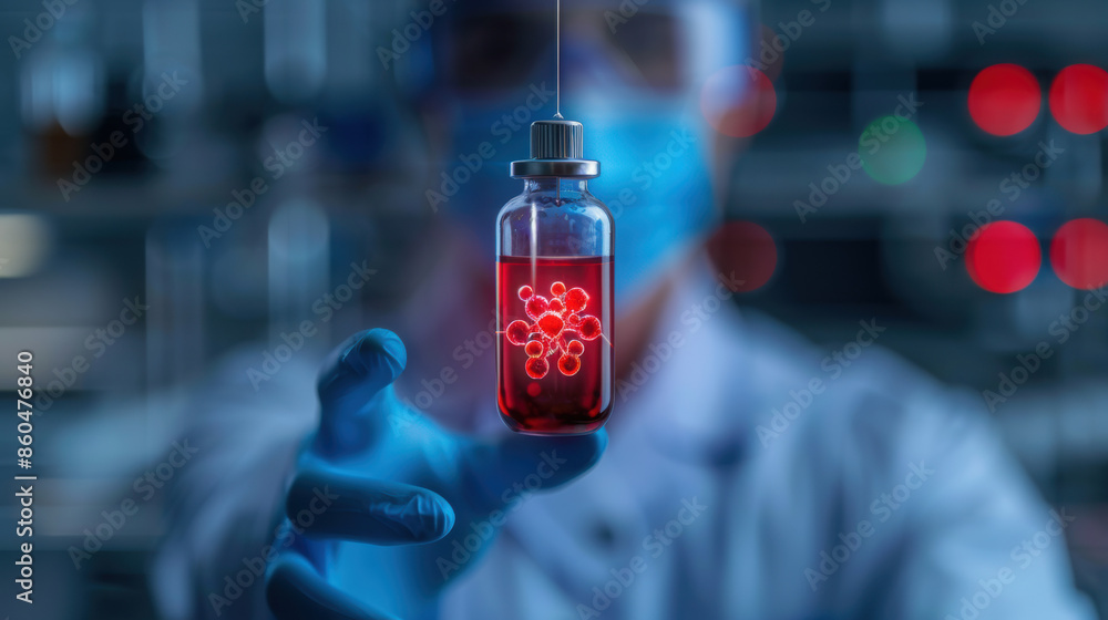 Poster a scientist is holding a bottle of red liquid with a cell structure on it