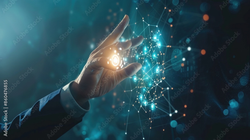 Poster digital information technology concept showing a businessman touching an artificial intelligence scr