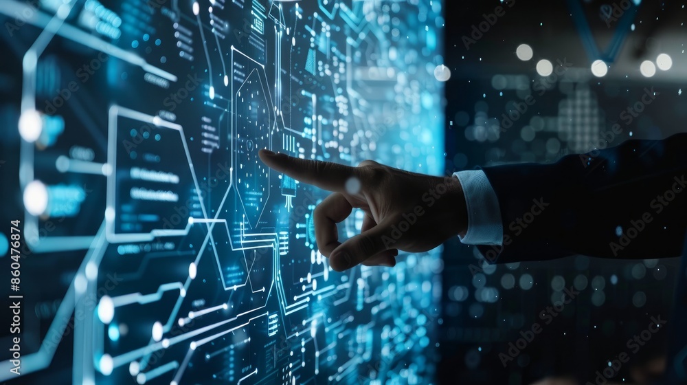 Poster digital information technology concept showing a businessman touching an artificial intelligence scr