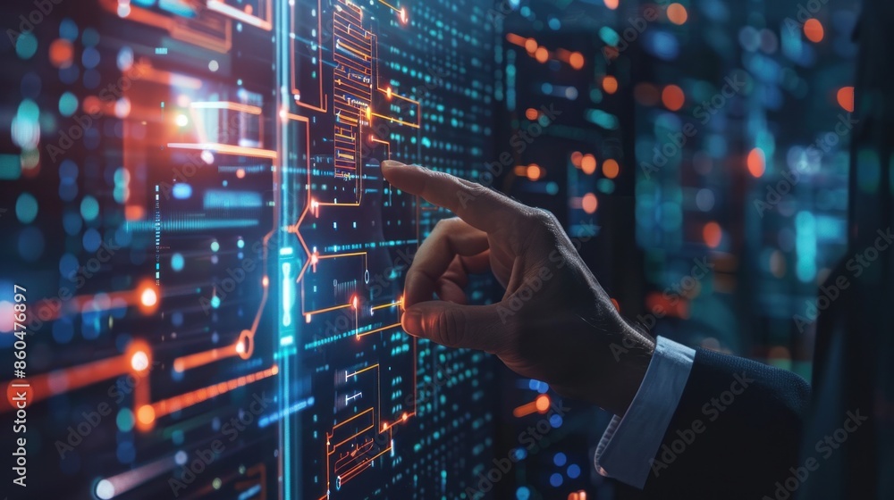 Poster digital information technology concept showing a businessman touching an artificial intelligence scr