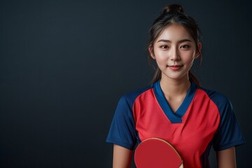 A man wearing a blue tracksuit plays table tennis with an orange racket and a white ball on a light blue background, holding the racket and close-up, tracksuit concept