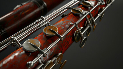 Detailed view of a bassoon showing the keys and the reddish-brown wood body, emphasizing its craftsmanship.