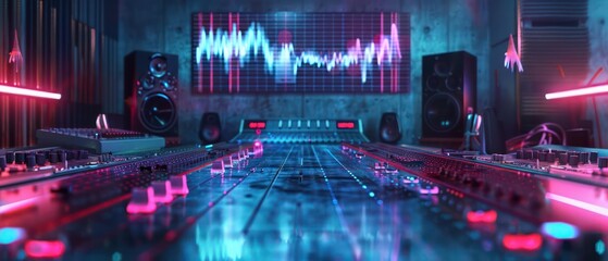 Conceptual image of a holographic sound wave display in a digital recording studio with room for text