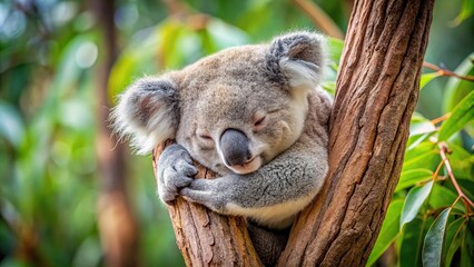 Cute and fuzzy koala bear sleeping in a eucalyptus tree, koala, bear, animal, wildlife, Australia, marsupial, eucalyptus