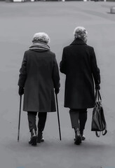 Two Elderly Individuals Walking Side by Side on a Paved Surface, Each Holding a Cane and Carrying a Handbag