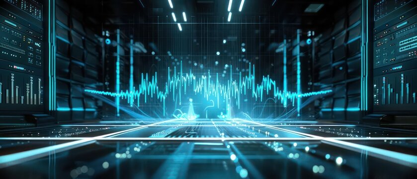Conceptual image of a holographic sound wave display in a digital recording studio with room for text