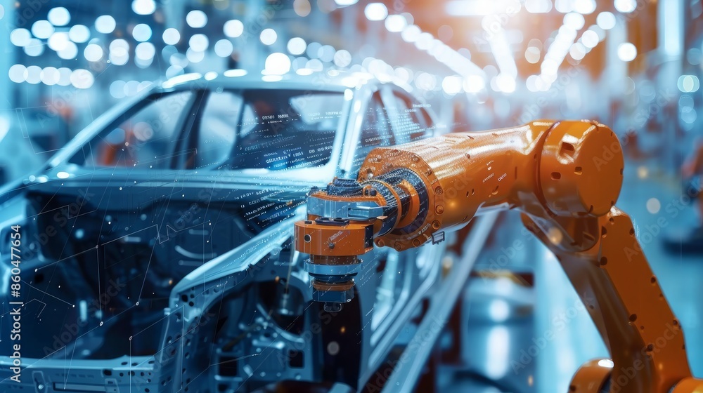 Poster digitalization concept in the car factory industry with automated robot arm assembly lines manufactu