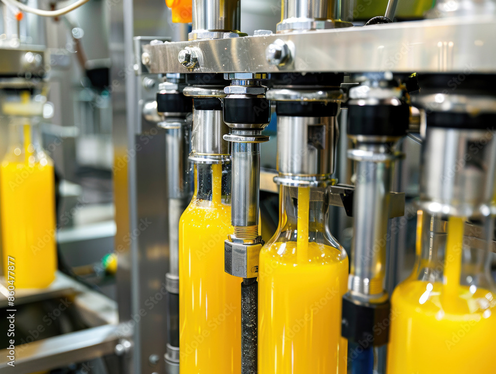 Aufkleber orange juice bottling process in a factory. close up of automated machinery filling bottles with jui
