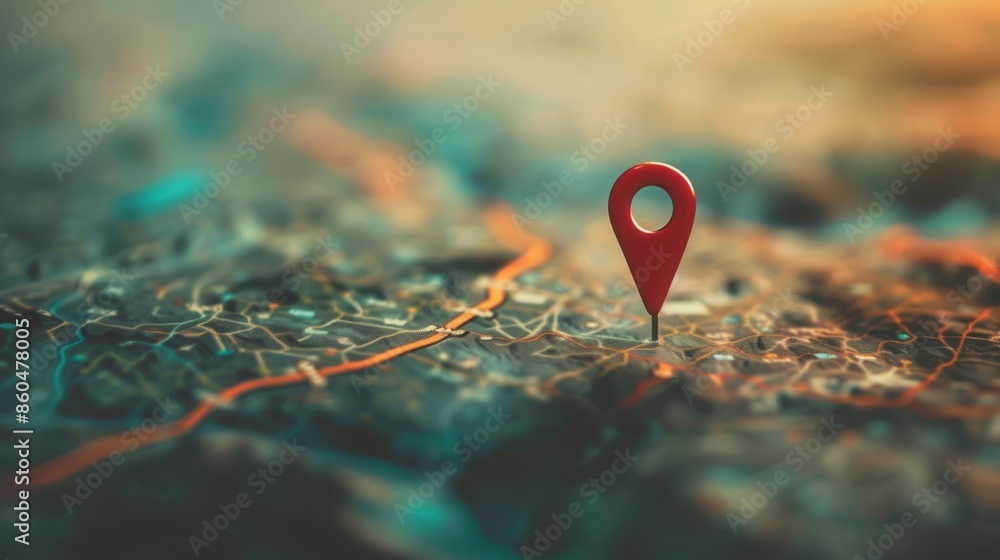 Poster a close-up shot of a red location pin on a map background, showcasing a modern and clean design aest