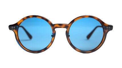 Vintage style round tortoiseshell sunglasses with blue lenses isolated on white background, ideal for fashion and accessories concepts.
