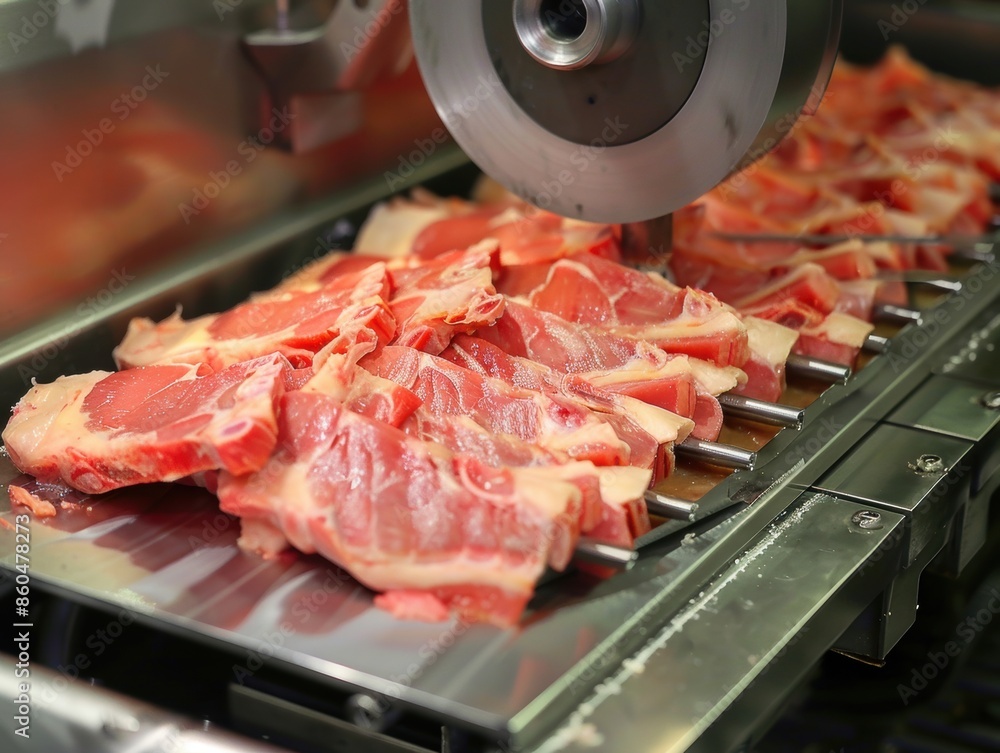 Poster meat slicing machine processing fresh cuts of meat in a factory setting.