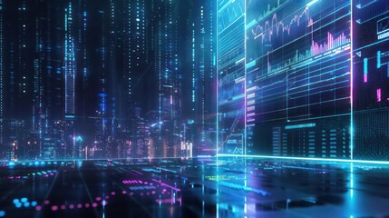 Fototapeta premium Conceptual image of hightech holographic financial charts in a sleek business environment with room for text
