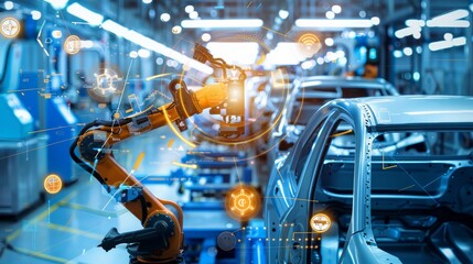 Digitalization concept in the car factory industry with automated robot arm assembly lines manufacturing hightech green energy electric vehicles AI computer vision analyzes and scans