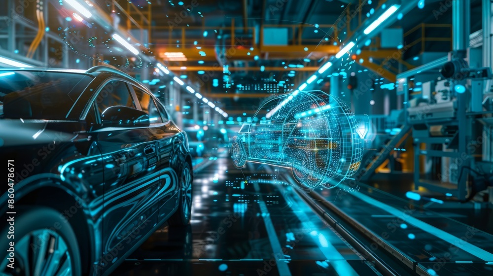 Poster digitalization concept in the car factory industry with automated robot arm assembly lines manufactu