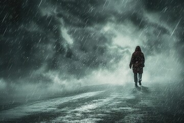 Obraz premium Highresolution image of a person walking forward through a storm with determination