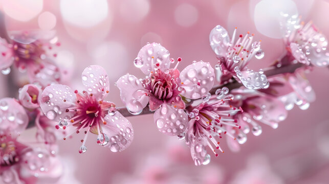 Single pink cherry blossom branch with pink flowers and dew moisture Macro shot of almond blossom or sakura branch with flowers and droplets of water : Generative AI - Powered by Adobe
