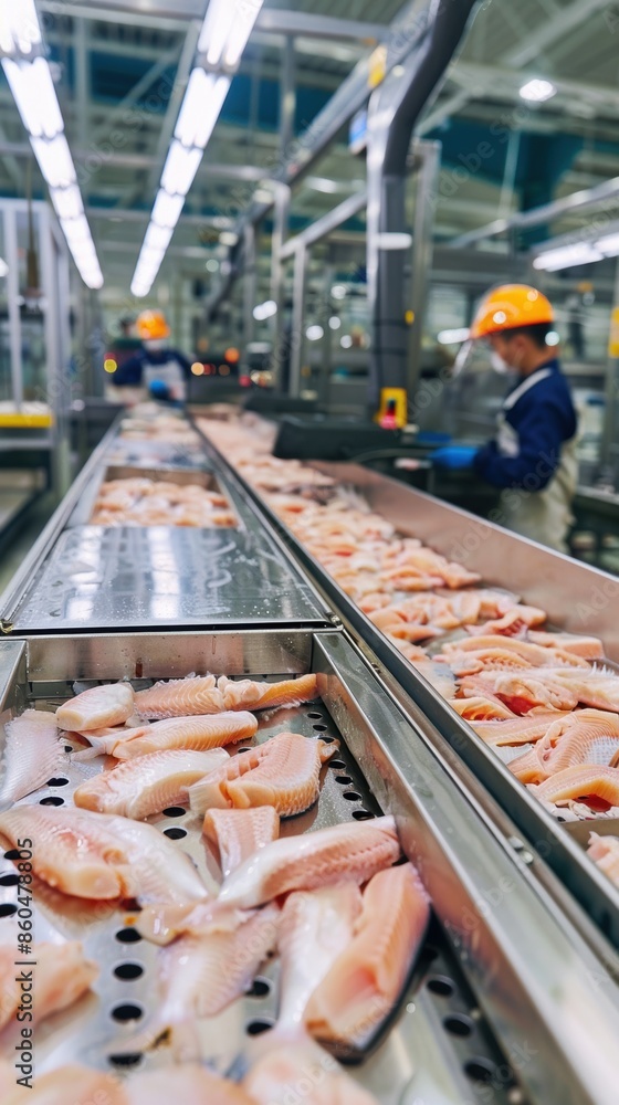 Poster fish processing in food factory with automated conveyor belts. the image depicts workers handling an