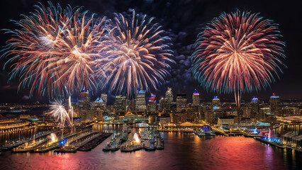 Cluster of fireworks of Canadian day lighting up the sky at CN tower in Toronto