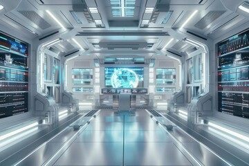 Obraz premium Futuristic data center with a sleek supercomputer interface and plenty of space for copy
