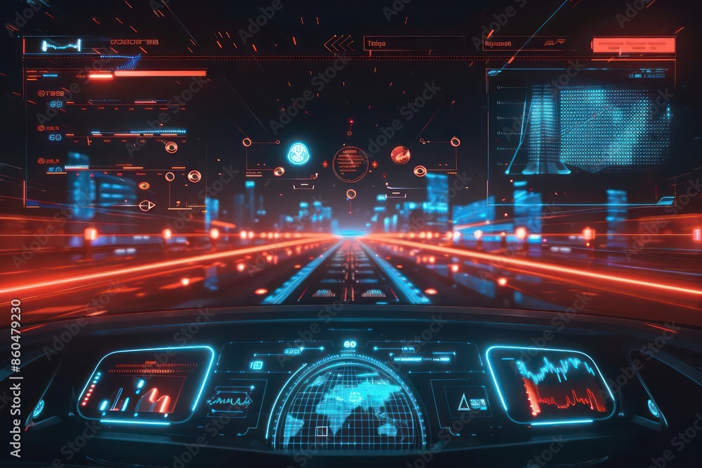 Poster futuristic digital dashboard displaying autonomous transport routes with plenty of space for copy