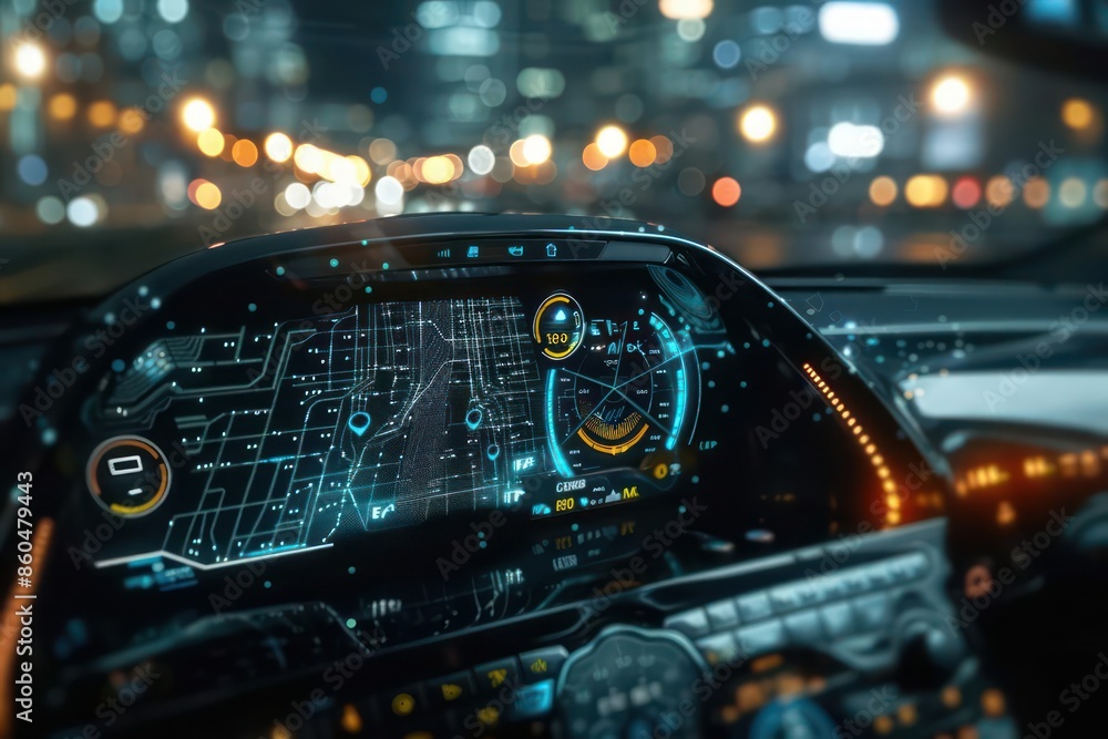 Poster futuristic digital dashboard displaying autonomous transport routes with plenty of space for copy