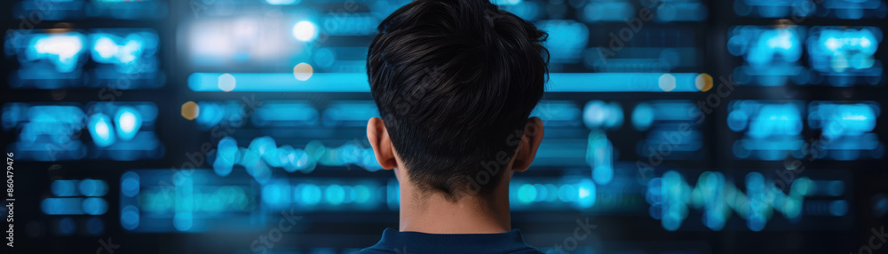 Poster a man is looking at a computer screen with a lot of numbers and graphs