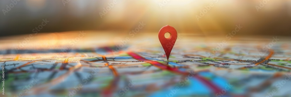 Aufkleber A red location pin marks a spot on a colorful map, with a warm sunset glow in the background. Generative AI