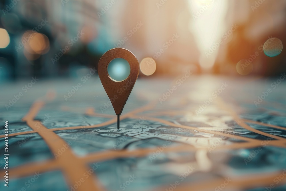 Poster a minimalistic and sleek image of a location pin on a city map background, perfect for navigation ap
