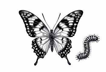 Naklejka premium Black and White Butterfly and Caterpillar Illustration