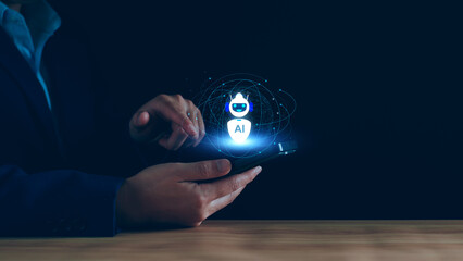 AI, artificial intelligence for business technology on smartphone concept. Business man using AI tech software assistant on smartphone, chat with AI smart bot search for business information