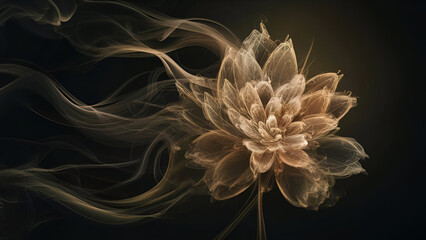 Misty golden haze creating a flower-like design on a black backdrop. Abstract digital artwork. Grace and surrealism theme. Generated ai