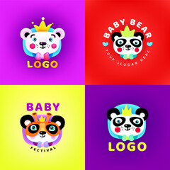 Colorful set baby bear logos. Logotype. Cute cartoon panda bear with a crown .Vector eps 10