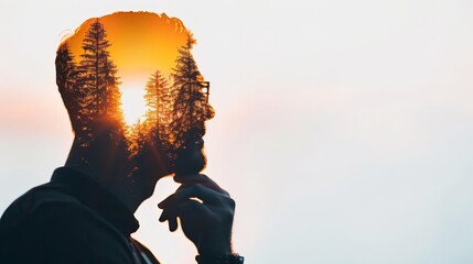 Silhouette of man with a forest and sunset inside his head, symbolizing inner peace.