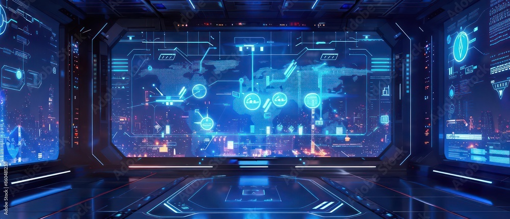 Poster hightech control center with holographic projections of a digital city map and clear space for text